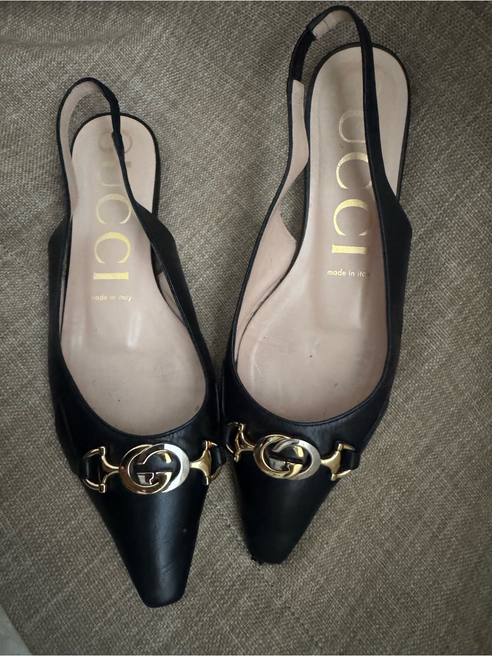 Gucci Black Leather Slingback Flats with Gold Horsebit